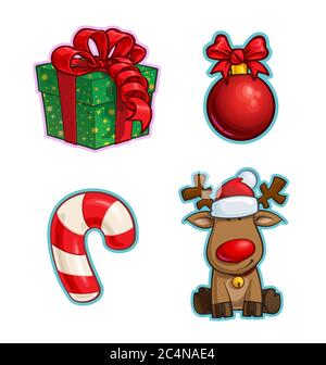 Vektor Cartoon Icon Set aus einem roten Band Bogen Geschenk, eine Weihnachtskugel, ein Candy Cane und ein Red-Nose Elch. Illustrationen Linien, Farbe, Schatten und Lichter ne Stock Vektor