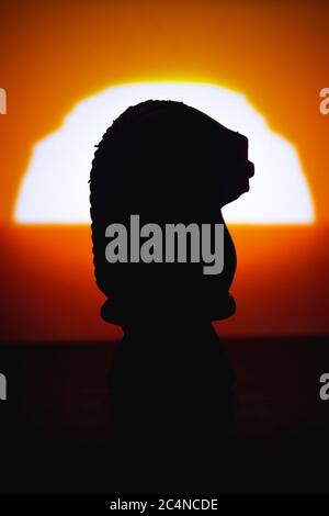 Silhouette Schachfiguren Ritter isoliert auf Sonnenaufgang Hintergrund. Konfrontation von Schachfiguren.Schachfiguren Ritter Kopf. Stockfoto