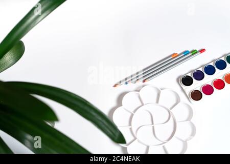 Malen, Bleistifte, Palette für Farben auf weißem Hintergrund. Schulabschluss. Blick von oben. Stockfoto