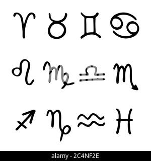 Zeichen Des Tierkreises. Die zwölf handgezeichneten Horoskopzeichen. Schwarz auf Weiß. Vektorgrafik Stock Vektor