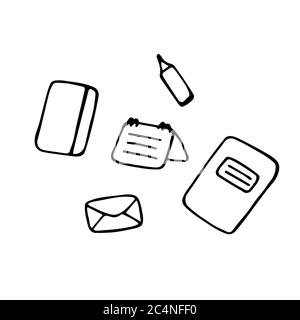 Doodle Schreibwaren Symbole. Handgezeichnetes Notizbuch, Kalender, Notizblock, Umschlag und Marker. Vektorgrafik flach. Stock Vektor