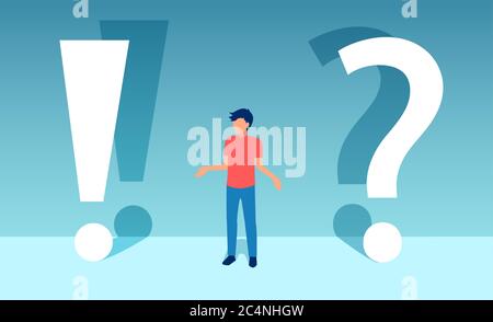 Vektor eines verwirrten jungen Mannes, der neben einer Frage und Ausrufezeichen steht Stock Vektor