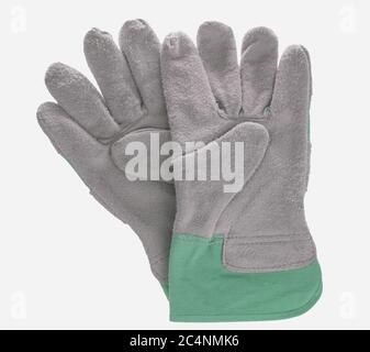 Ein Paar Leder-, Wildleder- oder Gartenhandschuhe isoliert auf weißem Hintergrund. Stockfoto