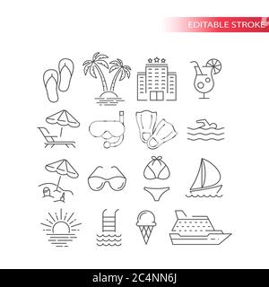 Vektorsymbol für Sommerreisen, Urlaub oder Urlaub. Strand, Hotel, Palmen, Badeanzug Sommer Tourismus Symbole, Umriss, editierbare Kontur. Stock Vektor