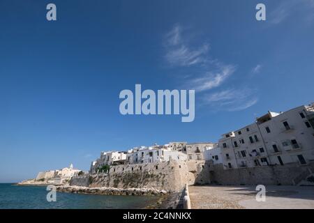 Blick auf die Küste mit weißen Häusern und Mauer um Vieste in Apulien, Italien. Stockfoto