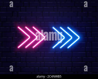 Pfeil Neon auf Ziegelwand. Realistisch glänzendes Schild. Symbol für leuchtende Pfeilzeiger. Farbiges Neonbanner. Nachts helle Werbung. Vektorgrafik. Stock Vektor