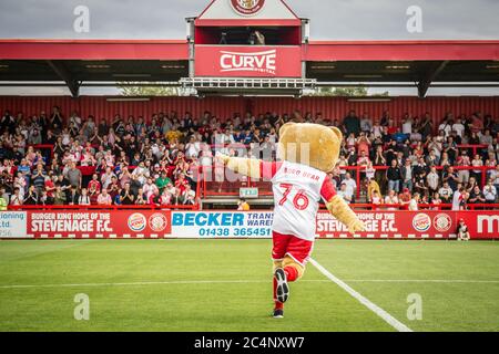 Fußball-Team Maskottchen läuft zu Beginn des Fußballs / Fußballspiel bei Profi-Ligaspiel auf Fans. Stockfoto