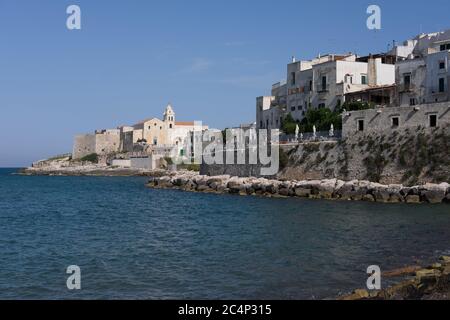 Blick auf die Küste mit weißen Häusern und Mauer um Vieste in Apulien, Italien. Stockfoto