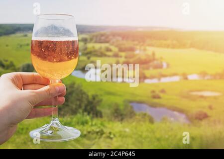Hand hält ein Glas Sider oder andere alkoholische Sekt mit Blick auf die schöne grüne Wiese in der Landschaft Stockfoto