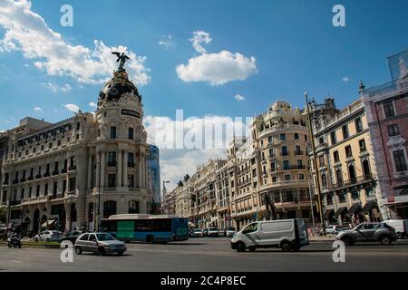 Madrid, Comunidad de Madrid, Spanien, Europa.. Metropolis Palace (Edifcio Metropolis oder Antiguo Edificio de La Unión y el Fénix), an der Kreuzung der Calle Alcalà und Gran Via (1906). Stockfoto