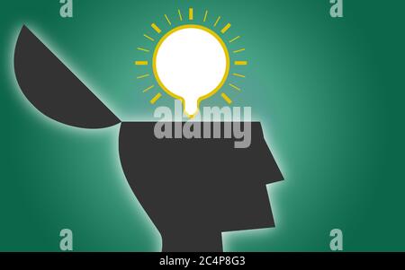 Menschlicher Kopf mit Einschalten Glühbirne Idee, 3D-Rendering Stockfoto