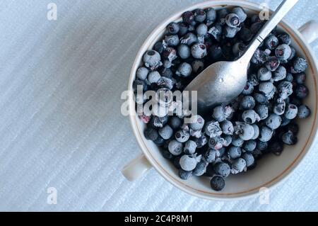 Frische reife Bio-Heidelbeeren in einer gefrorenen schwarzen Schüssel auf weißem Hintergrund Stockfoto