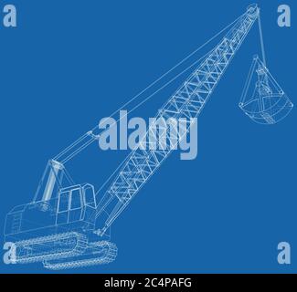 Dragline für den Kohlebergbau. Der Eimer ist riesig. Die Ebenen der sichtbaren und unsichtbaren Linien werden getrennt. Drahtrahmen. Stock Vektor