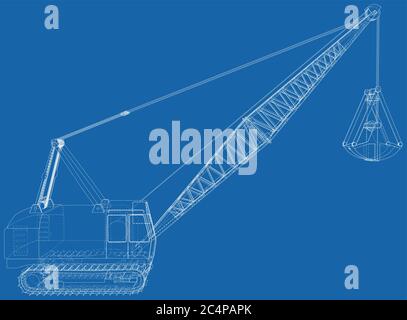 Wanderdragline, Mobile Baggermaschine für den offenen Bergbau. Die Ebenen der sichtbaren und unsichtbaren Linien werden getrennt. Drahtrahmen. Stock Vektor