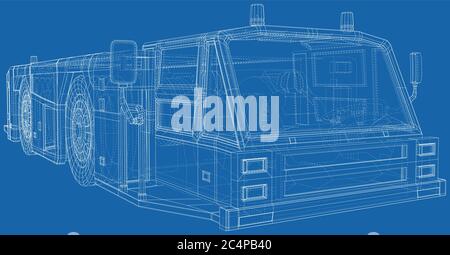 Abschleppwagen Transport in Flughafen isoliert. 3D-Rendering. Drahtrahmen. Die Schichten von sichtbaren und unsichtbaren Linien werden getrennt. EPS10-Format. Stock Vektor