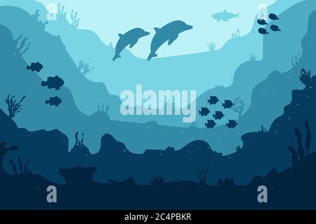 Unterwasser Cartoon flachen Hintergrund mit Fisch Silhouette, Algen, Koralle. Meer Leben, niedliches Design. Vektorgrafik Stock Vektor