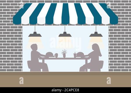 Essen und Trinken und soziale Distanzierung concept.Couple Mann und Frau sitzen im Café Restaurant Essen Essen mit Tischschild, um Infektion vor c zu schützen Stock Vektor