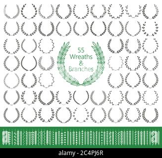 55 Kränze und Äste gesetzt. Vektorgrafik. Laurel Kränze Sammlung. Stock Vektor