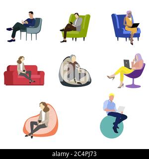 Menschen Frau Mann siitting auf Stuhl und Sessel. Illustration Erwachsene Menschen Cartoon sitzen auf der Couch, sitzen bei der Arbeit mit Laptop oder Buch Vektor Farbe lesen Stock Vektor