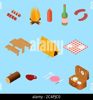 Isometrische Cartoon Picknick-Food-Set mit Korb, Flasche Wein, Kebab, Messer, Tuch. Icon Set Camping isoliert auf blau. Vektorgrafik Stock Vektor
