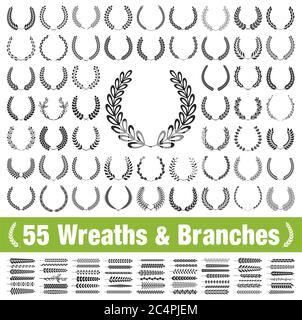 55 Kränze und Äste gesetzt. Vektorgrafik. Laurel Kränze Sammlung. Stock Vektor