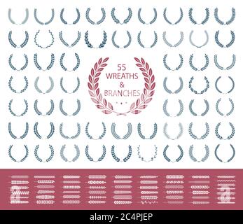 55 Kränze und Äste gesetzt. Vektorgrafik. Laurel Kränze Sammlung. Stock Vektor