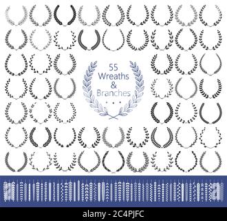 55 Kränze und Äste gesetzt. Vektorgrafik. Laurel Kränze Sammlung. Stock Vektor