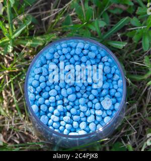 Blau verschiedene Form chemische Düngemittel Granulat in Glas auf grünem Gras. Stockfoto