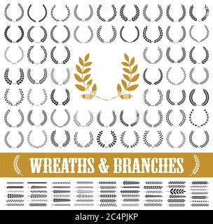 55 Kränze und Äste gesetzt. Vektorgrafik. Laurel Kränze Sammlung. Stock Vektor