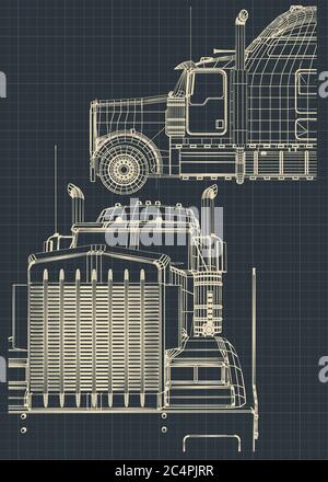 Stilisierte Vektorabbildungen von Zeichnungen eines großen LKWs. Stock Vektor