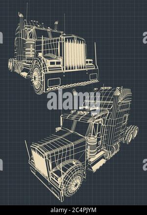 Stilisierte Vektorabbildungen von Zeichnungen eines großen LKWs. Stock Vektor