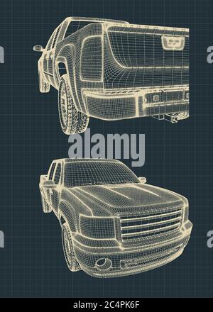 Stilisierte Vektorabbildungen von Zeichnungen eines Pickup-LKWs Stock Vektor