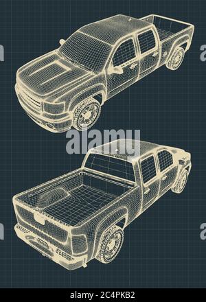 Stilisierte Vektorabbildungen von Zeichnungen eines Pickup-LKWs Stock Vektor