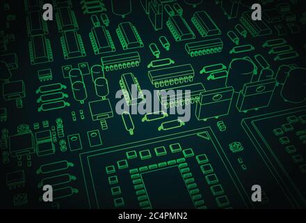 Stilisierte Vektordarstellung eines Motherboards und Mikroelektronik darauf Nahaufnahme Stock Vektor