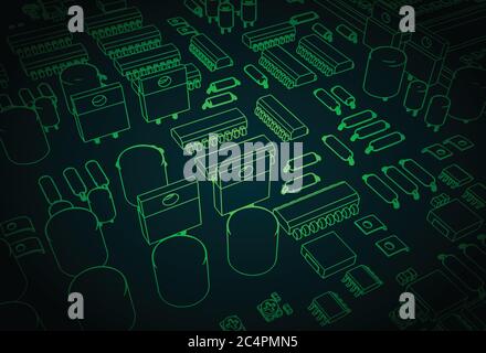 Stilisierte Vektordarstellung einer Leiterplatte mit Transistoren und Mikroelektronik auf ihr Stock Vektor