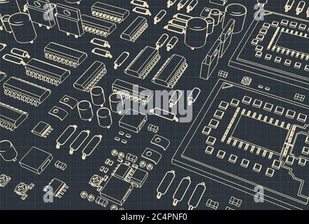 Stilisierte Vektordarstellung eines Motherboards und Mikroelektronik darauf Nahaufnahme Stock Vektor