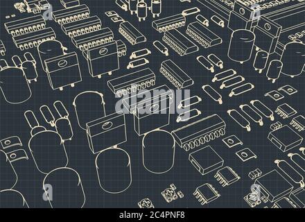 Stilisierte Vektordarstellung einer Leiterplatte mit Transistoren und Mikroelektronik auf ihr Stock Vektor