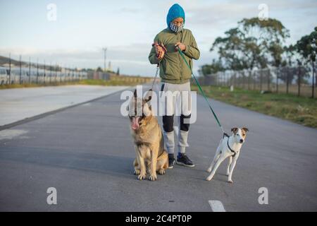 Kleiner Junge, der seine beiden Hunde mit einer Maske zu Fuß nimmt Stockfoto