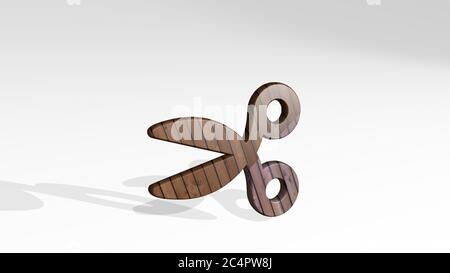 Schere aus der Perspektive an der Wand. Eine dicke Skulptur aus metallischen Materialien von 3D-Rendering. Illustration und Hintergrund Stockfoto