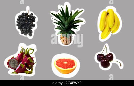 Etiketten mit Früchten - Trauben, Ananas, Bananen, Drachenfrucht, Grapefruit, Kirschen Stockfoto