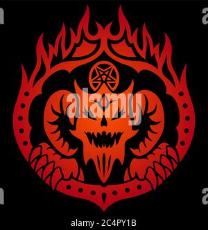 Abbildung mit rotem Symbol der Hölle mit Dämonen Gesicht im Feuerkreis auf schwarzem Hintergrund Stock Vektor