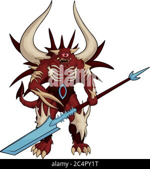 Cartoon starke rote Teufel mit einem Auge und großen Hörnern auf weißem Hintergrund Stock Vektor