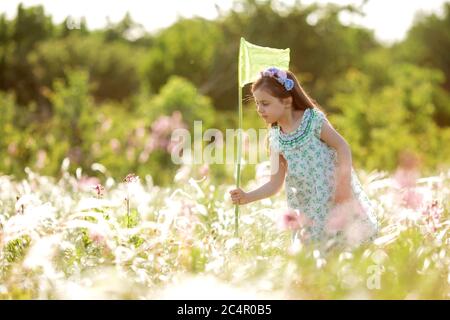 Nettes kleines Mädchen mit einem Kranz auf dem Kopf geht in einem Feld und fängt Schmetterlinge Netz Stockfoto