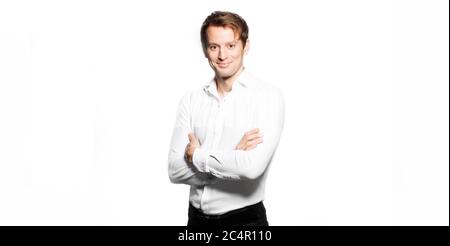 Business Porträt Mann auf weißem Hintergrund isoliert männlichen Kreuzung Arme Stockfoto