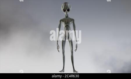 Unheimlich grau Alien geht und sieht blinkend auf einem dunklen rauchigen Hintergrund. UFO futuristisches Konzept. 3D-Rendering Stockfoto