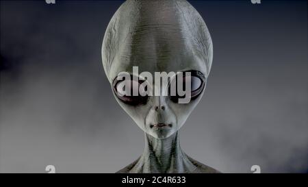 Unheimlich grau Alien geht und sieht blinkend auf einem dunklen rauchigen Hintergrund. UFO futuristisches Konzept. 3D-Rendering Stockfoto