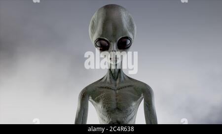 Unheimlich grau Alien geht und sieht blinkend auf einem dunklen rauchigen Hintergrund. UFO futuristisches Konzept. 3D-Rendering Stockfoto