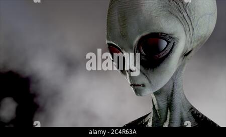 Unheimlich grau Alien geht und sieht blinkend auf einem dunklen rauchigen Hintergrund. UFO futuristisches Konzept. 3D-Rendering Stockfoto