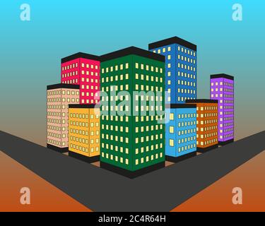 Vektor-Illustration der Nacht Stadt mit Gebäuden, Wolken und Mond am Himmel. Stadtbild Hintergrund in flachem Stil. Skyline Silhouette mit gelbem Windo Stock Vektor