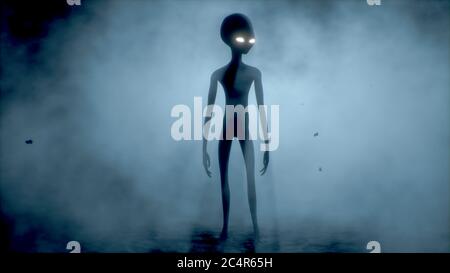 Unheimlich grau Alien geht und sieht blinkend auf einem dunklen rauchigen Hintergrund. UFO futuristisches Konzept. 3D-Rendering Stockfoto